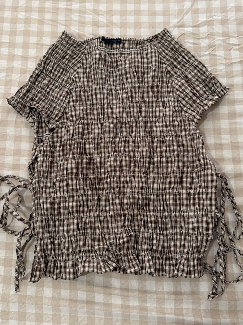Zara Brown and White Smocked Plaid Short Sleeve Top with Side Ties